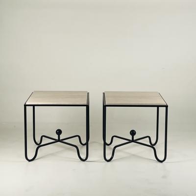  Design Fr res Pair of Tall Iron and Travertine Entretoise Side Tables by Design Fr res