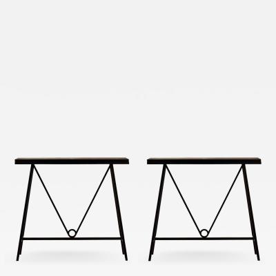  Design Fr res Pair of Trap ze Blackened Steel and Goatskin Consoles by Design Fr res