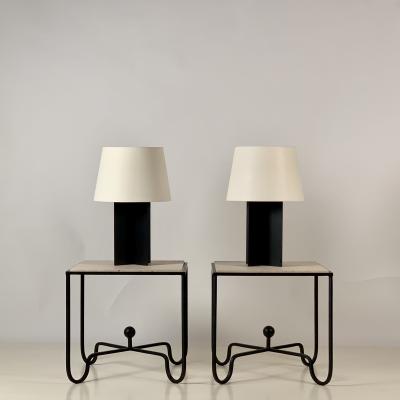  Design Fr res Set of Large Croisillon Matte Black Lamps and Entretoise Travertine Tables