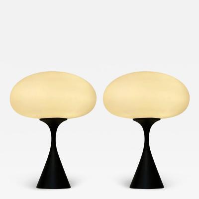  Design Line Pair of Mid Century Modern Table Lamps by Design Line in Black White Glass
