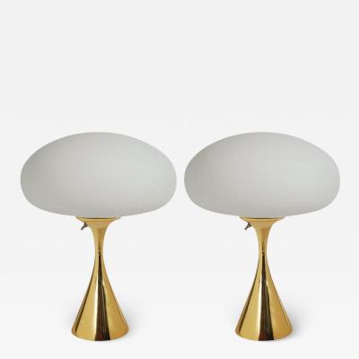  Design Line Pair of Mid Century Modern Table Lamps by Designline in Brass White Glass