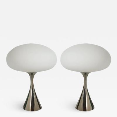  Design Line Pair of Mid Century Modern Table Lamps by Designline in Chrome White Glass