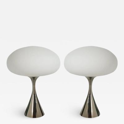  Design Line Pair of Mid Century Modern Table Lamps by Designline in Chrome White Glass