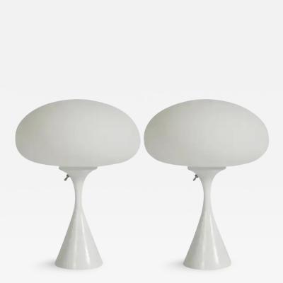  Design Line Pair of Mid Century Modern Table Lamps by Designline in White on White Glass