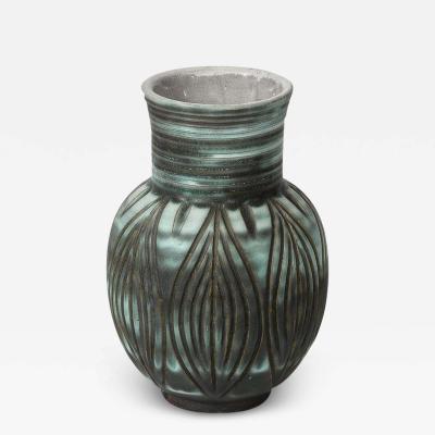  Design Techniques Mid Century Modernist Linear Grooved Teal Smoked Umber Vase by Design Techniques