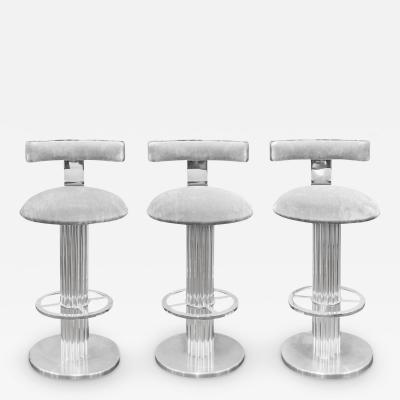  Designs for Leisure Ltd Design for Leisure Set of 3 Barstools in Stainless Steel with Gray Velvet 1970s