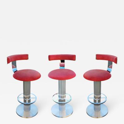  Designs for Leisure Ltd Designs for Leisure 3 Brushed Stainless Steel Bar Stools 1980s Set of Three
