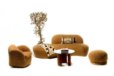  Directional Pair of Directional Post Modern Poufs Ottomans in Curly Camel Teddy Bear Fabric