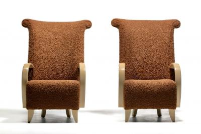  Directional Pair of High Back Directional Armchairs in Caf Boucl with Bleached Wood Arms