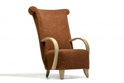  Directional Pair of High Back Directional Armchairs in Caf Boucl with Bleached Wood Arms