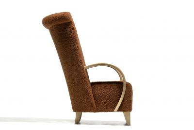  Directional Pair of High Back Directional Armchairs in Caf Boucl with Bleached Wood Arms