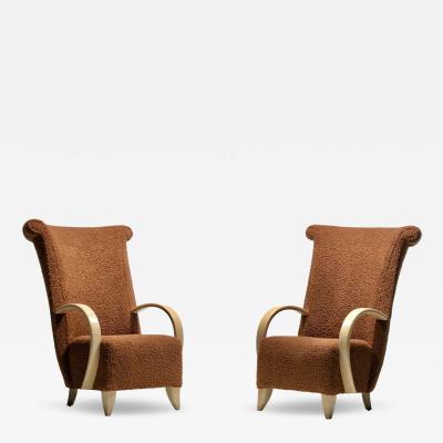  Directional Pair of High Back Directional Armchairs in Caf Boucl with Bleached Wood Arms
