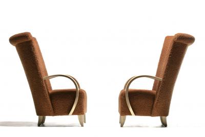  Directional Pair of High Back Directional Armchairs in Caf Boucl with Bleached Wood Arms
