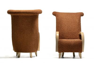 Directional Pair of High Back Directional Armchairs in Caf Boucl with Bleached Wood Arms