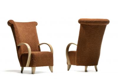  Directional Pair of High Back Directional Armchairs in Caf Boucl with Bleached Wood Arms