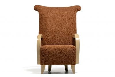  Directional Pair of High Back Directional Armchairs in Caf Boucl with Bleached Wood Arms
