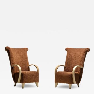  Directional Pair of High Back Directional Armchairs in Caf Boucl with Bleached Wood Arms