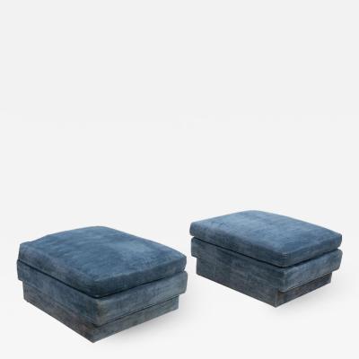  Directional Pair of Large Blue Velvet Ottomans by Directional