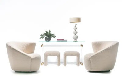  Directional Pair of Waterfall Benches Newly Upholstered in Ivory White Boucl circa 1970s