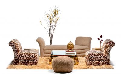  Directional Post Modern Directional Pouf Ottoman in Teddy Bear Camel Boucl 