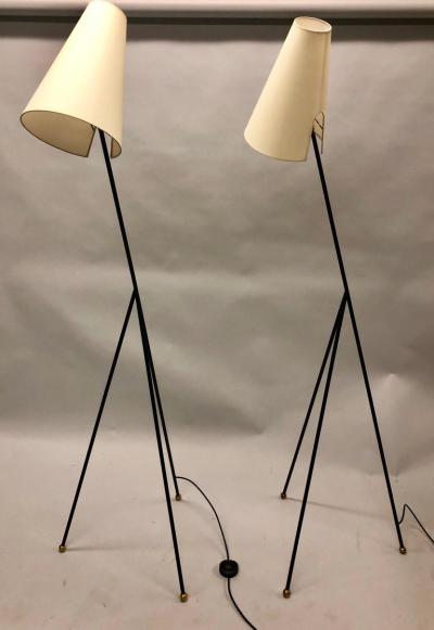  Disderot Pair of French Mid Century Modern Wrought Iron Floor Lamps Disderot Attributed