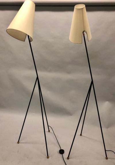  Disderot Pair of French Mid Century Modern Wrought Iron Floor Lamps Disderot Attributed