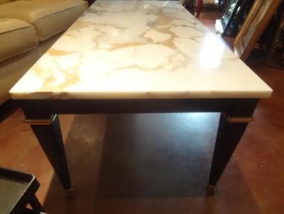  Dominique French Louis XVI Style Ebonized Coffee Table with Marble Top