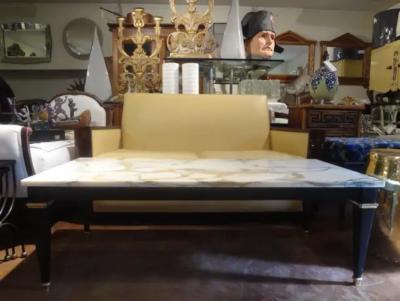  Dominique French Louis XVI Style Ebonized Coffee Table with Marble Top