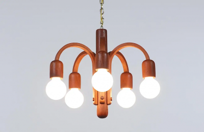  Domus Danish Modern Candela Teak Pendant Chandelier by Domus