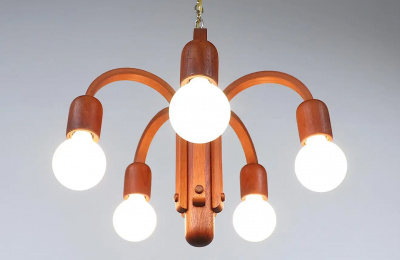 Domus Danish Modern Candela Teak Pendant Chandelier by Domus