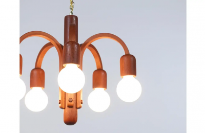 Domus Danish Modern Candela Teak Pendant Chandelier by Domus