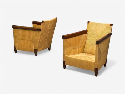  Donghia John Hutton Donghia Mahogany Wicker Cane Merbau Lounge Chairs USA 1995