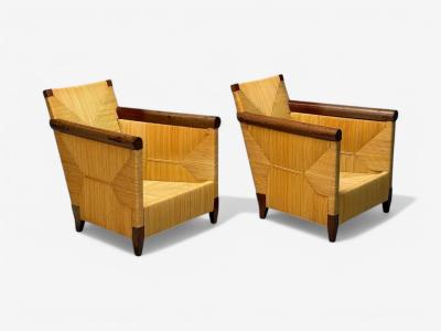  Donghia John Hutton Donghia Mahogany Wicker Cane Merbau Lounge Chairs USA 1995