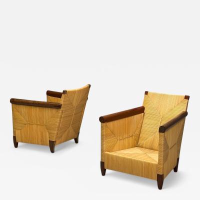  Donghia John Hutton Donghia Mahogany Wicker Cane Merbau Lounge Chairs USA 1995