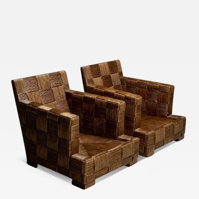  Donghia John Hutton Donghia Oversized Lounge Chairs Woven Cane Mahogany USA 1990s