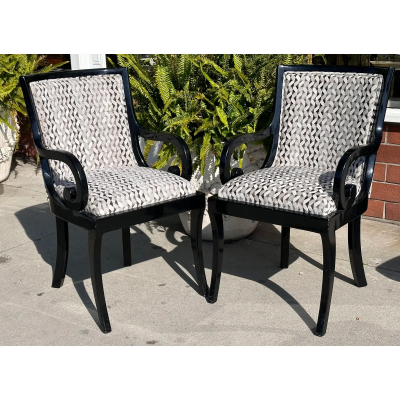 Donghia Pair of Donghia Black Lacquered Designer Arm Chairs W Silk Velvet Seats