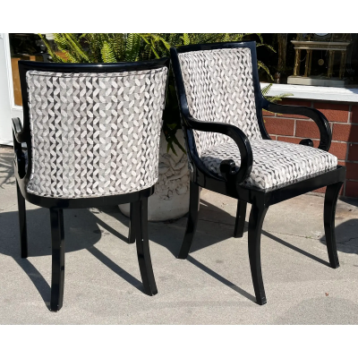  Donghia Pair of Donghia Black Lacquered Designer Arm Chairs W Silk Velvet Seats