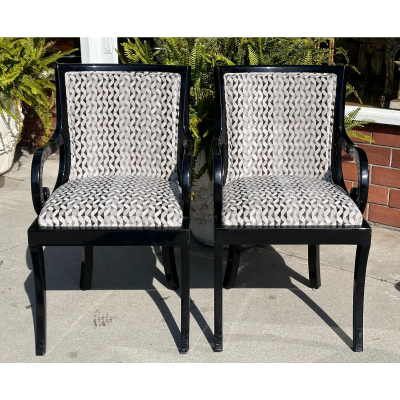  Donghia Pair of Donghia Black Lacquered Designer Arm Chairs W Silk Velvet Seats
