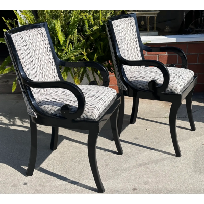  Donghia Pair of Donghia Black Lacquered Designer Arm Chairs W Silk Velvet Seats