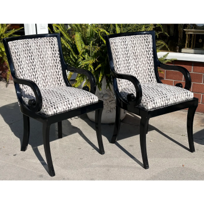  Donghia Pair of Donghia Black Lacquered Designer Arm Chairs W Silk Velvet Seats