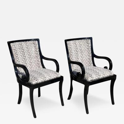  Donghia Pair of Donghia Black Lacquered Designer Arm Chairs W Silk Velvet Seats