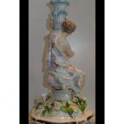  Dresden Porcelain Antique Hand Painted Dresden German Porcelain Figural Lamp W Maiden Putti