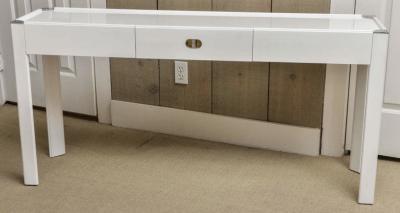  Drexel Drexel Heritage Furniture MODERN WHITE LACQUERED CONSOLE WITH CHROME CORNERS AND DRAWER BY DREXEL
