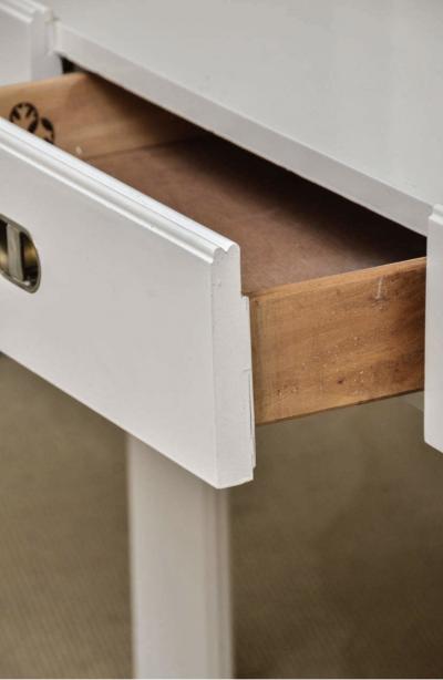 Drexel Drexel Heritage Furniture MODERN WHITE LACQUERED CONSOLE WITH CHROME CORNERS AND DRAWER BY DREXEL