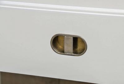  Drexel Drexel Heritage Furniture MODERN WHITE LACQUERED CONSOLE WITH CHROME CORNERS AND DRAWER BY DREXEL