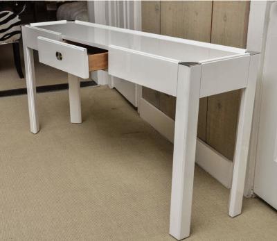  Drexel Drexel Heritage Furniture MODERN WHITE LACQUERED CONSOLE WITH CHROME CORNERS AND DRAWER BY DREXEL