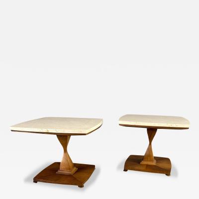  Drexel Drexel Heritage Furniture Mid Century Travertine and Walnut Side Tables by Drexel