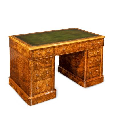  Druce Co Victorian burr walnut free standing pedestal desk by Druce Co
