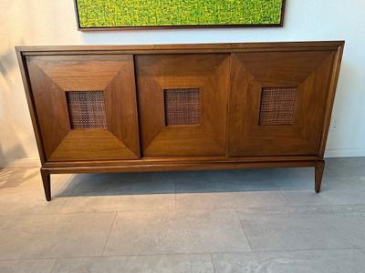  Dunbar American Modern 3 Door Walnut and Cane Credenza Dunbar 1950s