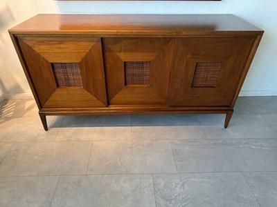  Dunbar American Modern 3 Door Walnut and Cane Credenza Dunbar 1950s